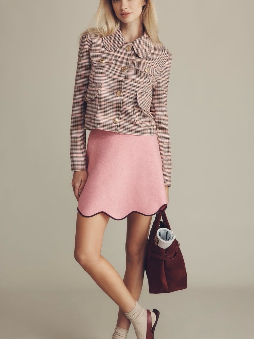 Avec Les Filles - Anthropologie Womens Plaid Lady Coat - Burgundy, Pink & Cream - Picture 3 of 9